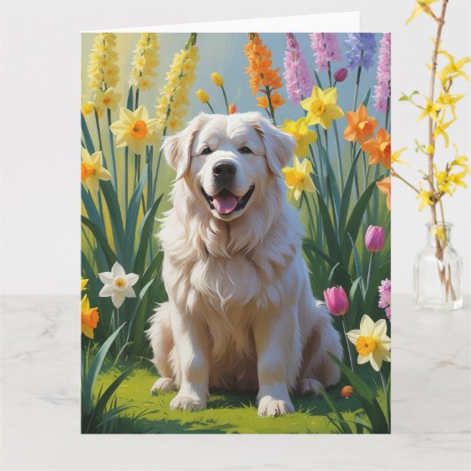 Groot Pyreneeën Hond Lente Bloemen Schilderij Kaart (Gele Bloem)