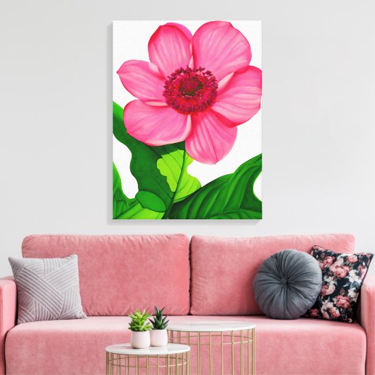 Groot roze annemon met Emerald Green Leaves Canvas Afdruk (Insitu (Woonkamer))