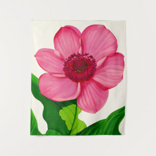 Groot roze annemon met Emerald Green Leaves Wandkleed