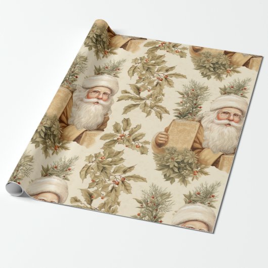 Groot Santa Retro Goud Verpakkingsdocument Cadeaupapier (Uitgerold)
