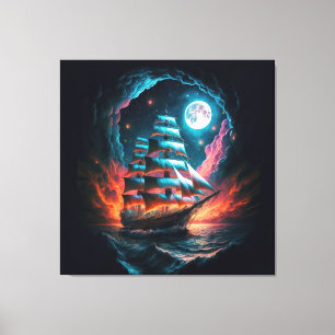 GROOT SCHIP ZEILEN IN DONKERE NACHT DROOM ODYSSEY CANVAS AFDRUK