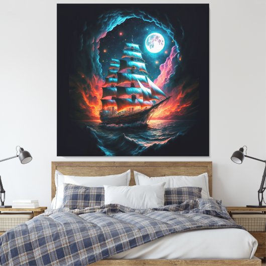 GROOT SCHIP ZEILEN IN DONKERE NACHT DROOM ODYSSEY CANVAS AFDRUK (Insitu (Slaapkamer))