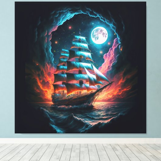 GROOT SCHIP ZEILEN IN DONKERE NACHT DROOM ODYSSEY CANVAS AFDRUK (Insitu (Houten vloer))