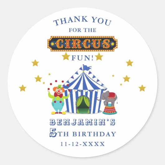 Groot Top Circus Verjaardagsfeest Dank u Ronde Sticker (Voorkant)