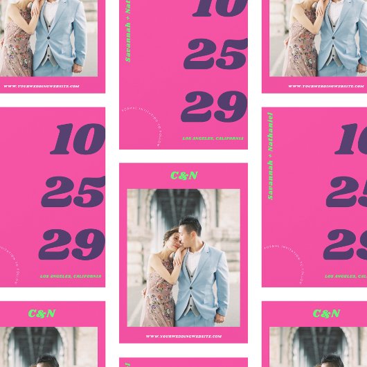 Groot & Vet Datum Heet Roze Retro Foto Bruiloft Save The Date