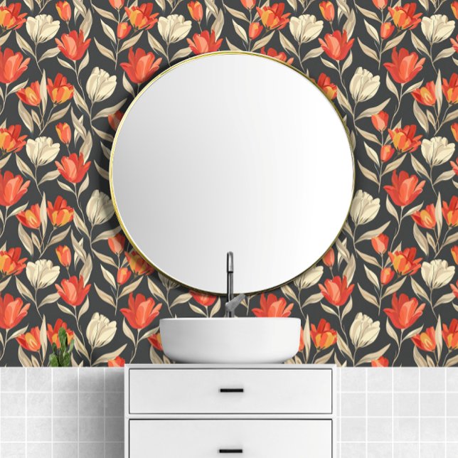 Groot vet tulpenbloempatroon  behang (Big Bold Tulip Flower Vintage Pattern Wallpaper from Ricaso. Ideal for any room, Stylish & Elegant)