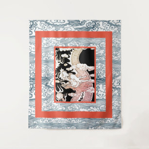 GROOT WANDTAPIJT MET DRAAK EN JAPANS GOLFPATROON WANDKLEED