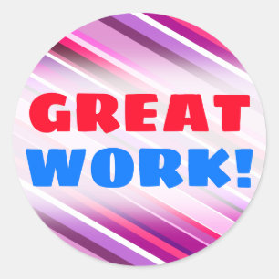 "GROOT WERK!" + Roze, Paarse Stripes patroon Ronde Sticker