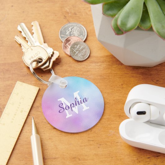 Groot whitemonogram en Paarse Script Name Iridesce Sleutelhanger (Bureau)
