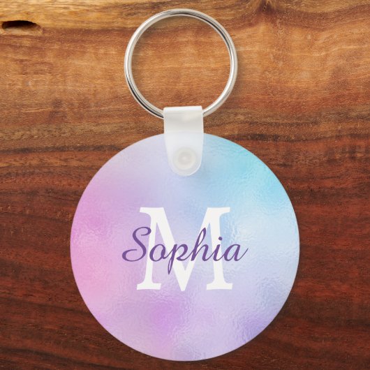 Groot whitemonogram en Paarse Script Name Iridesce Sleutelhanger (Voorkant)