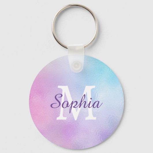 Groot whitemonogram en Paarse Script Name Iridesce Sleutelhanger (Achterkant)