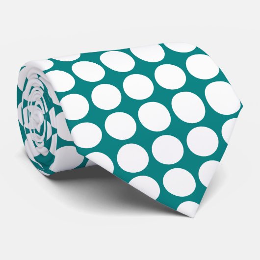 Groot wit Stippen Patroon op Blauwgroen Stropdas (Opgerold)