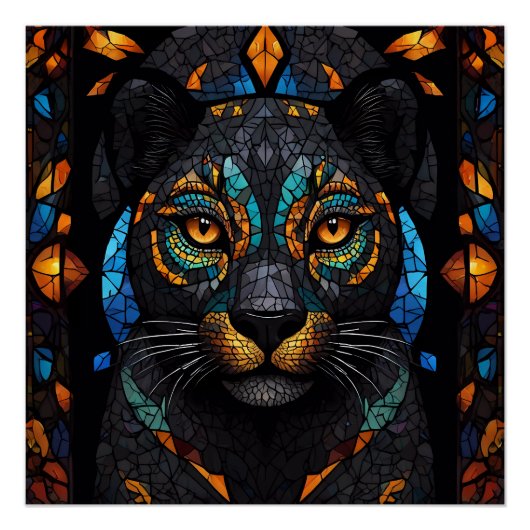 Groot Zwart Kat Mozaïek Gebrandschilderd Glas effe Perfect Poster (Voorkant)