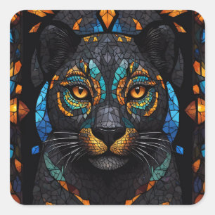 Groot Zwart Kat Mozaïek Gebrandschilderd Glas effe Vierkante Sticker