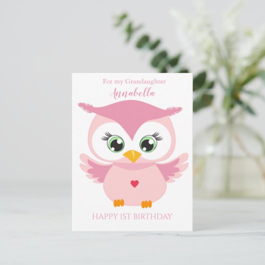 Grootaughter First Birthday Cute Pink Owl Photo Ca Briefkaart (Staand voorkant)