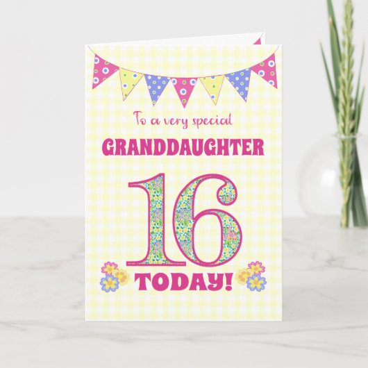 Grootdochter 16th Birthday Primroses Bunting Kaart (Voorkant)