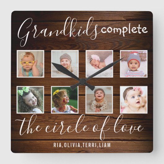 Grootkinderen Love Quote 8 Photo Collage Rustic Wo Vierkante Klok (Voorkant)