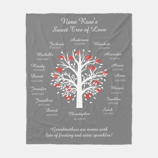 Grootmabomen (harten), wit/grijs, 16 namen/data fleece deken (Voorkant)