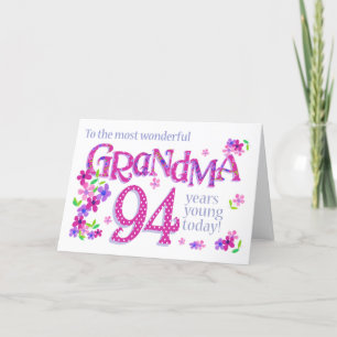 Grootma's 94e verjaardag Word Art met Flowers Card Feestdagen Kaart