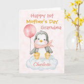 Grootmoeder 1ste Moederdag Penguin Pink Kaart (Gele Bloem)