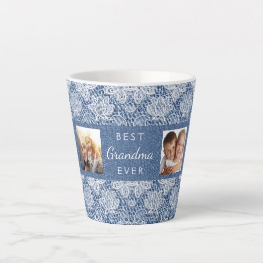 Grootmoeder blauwe denim fotocollage latte mok (Voorkant)