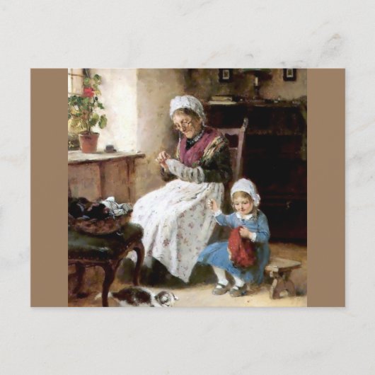 Grootmoeder en kleindochter naaien briefkaart (Voorkant)