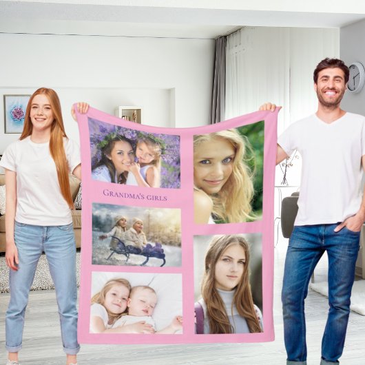 Grootmoeder foto collage meisjes roze fleece deken