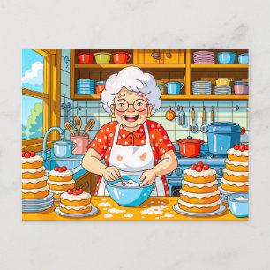 Grootmoeder kookt pannenkoeken illustratie feestdagenkaart