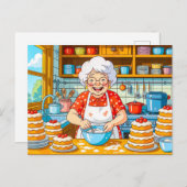 Grootmoeder kookt pannenkoeken illustratie feestdagenkaart (Voorkant / Achterkant)