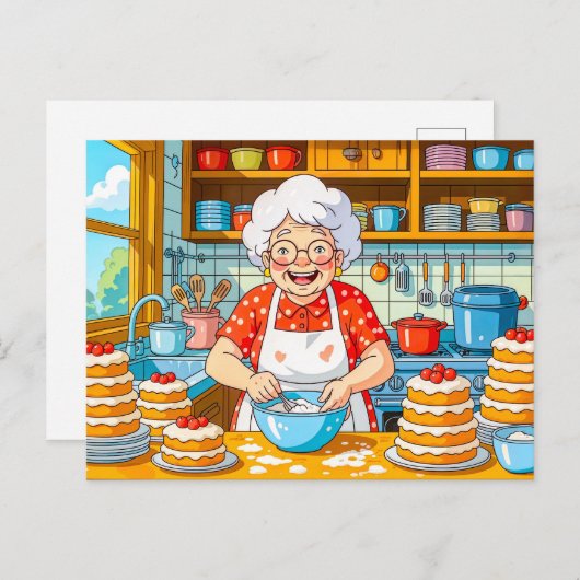 Grootmoeder kookt pannenkoeken illustratie feestdagenkaart (Voorkant / Achterkant)