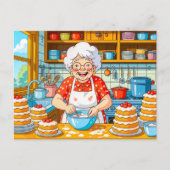 Grootmoeder kookt pannenkoeken illustratie feestdagenkaart (Voorkant)