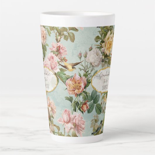 Grootmoeder land Chic Floral Blush Aqua Pattern Latte Mok (Voorkant)