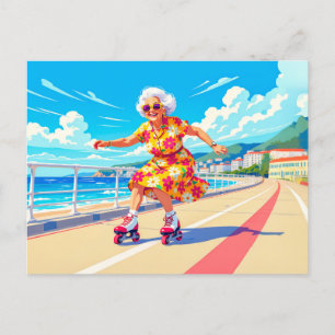 Grootmoeder Rolschaatsen Illustratie Feestdagenkaart