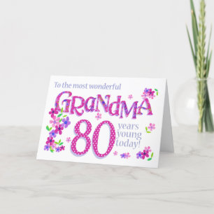 Grootmoeders 80e verjaardag Word Art met Flowers C Feestdagen Kaart