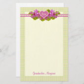 Grootmoeders roze bloemen hart briefpapier (Voorkant / Achterkant)