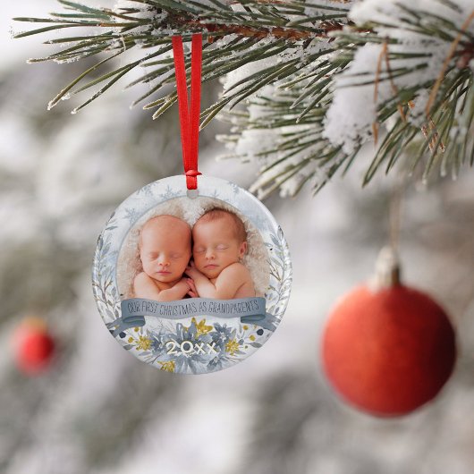 Grootouder Eerste Kerstmis Blauw Gold Floral Foto Ornament