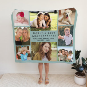 Grootouders 8 Foto Collage Sage Green Sherpa Deken