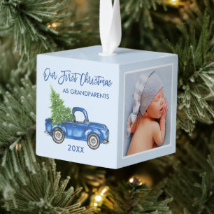 Grootouders eerste kerstblauwe truck foto kubus ornament