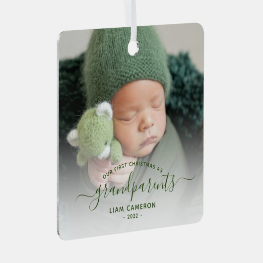Grootouders Eerste kerstfoto Groen script Metalen Ornament (Voorkant Rechts)