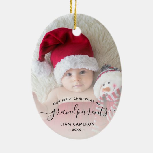 Grootouders Eerste kerstfoto Manuscript Oval Keramisch Ornament (Achterkant)