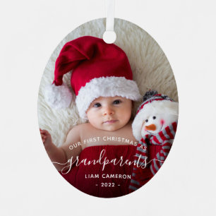 Grootouders Eerste kerstfoto White script Metalen Ornament