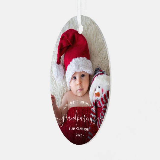 Grootouders Eerste kerstfoto White script Metalen Ornament (Voorkant links)