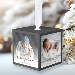 Grootouders Eerste Kerstmis 4 Foto grijs script Kubus Ornament