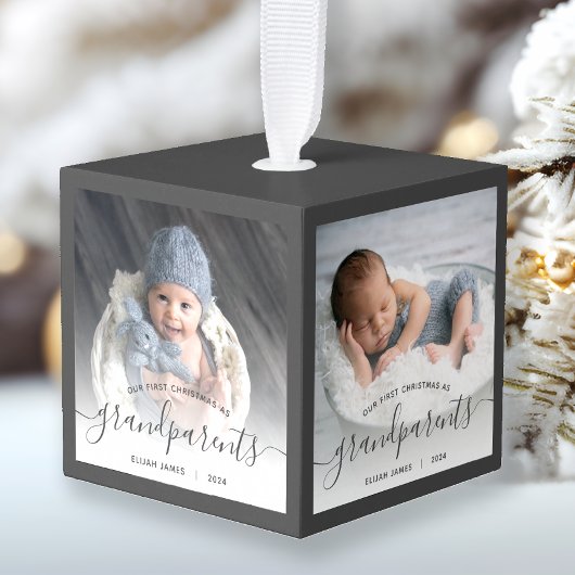 Grootouders Eerste Kerstmis 4 Foto grijs script Kubus Ornament