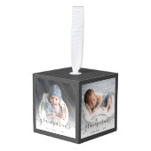 Grootouders Eerste Kerstmis 4 Foto grijs script Kubus Ornament (Voorkant hoekig)
