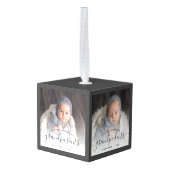 Grootouders Eerste Kerstmis 4 Foto grijs script Kubus Ornament (Achter hoekig)