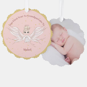 Grootouders Eerste Kerstmis Foto Angel Gold Pink Ornament Kaart