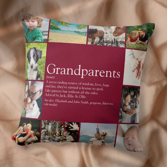 Grootouders Fun Modern Foto Collage Burgundy Kussen (Grandparents Fun Modern Photo Collage Burgundy Throw Pillow)