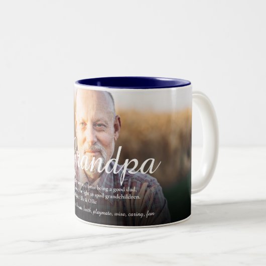 Grootpa Grandad Definition Elegant Script Photo Tweekleurige Koffiemok (Voorkant rechts)