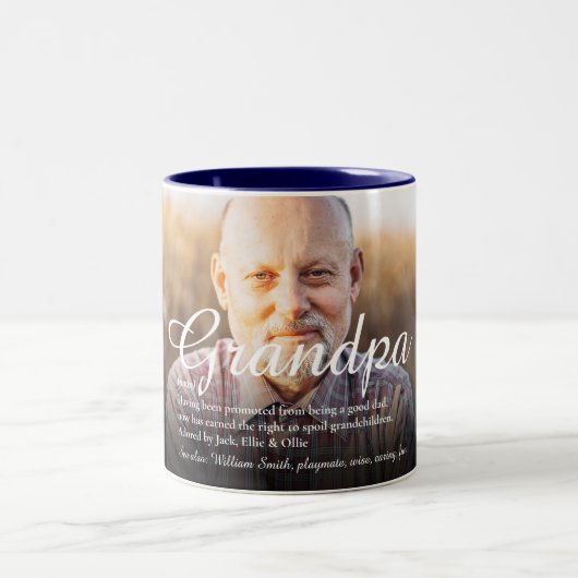 Grootpa Grandad Definition Elegant Script Photo Tweekleurige Koffiemok (Center)